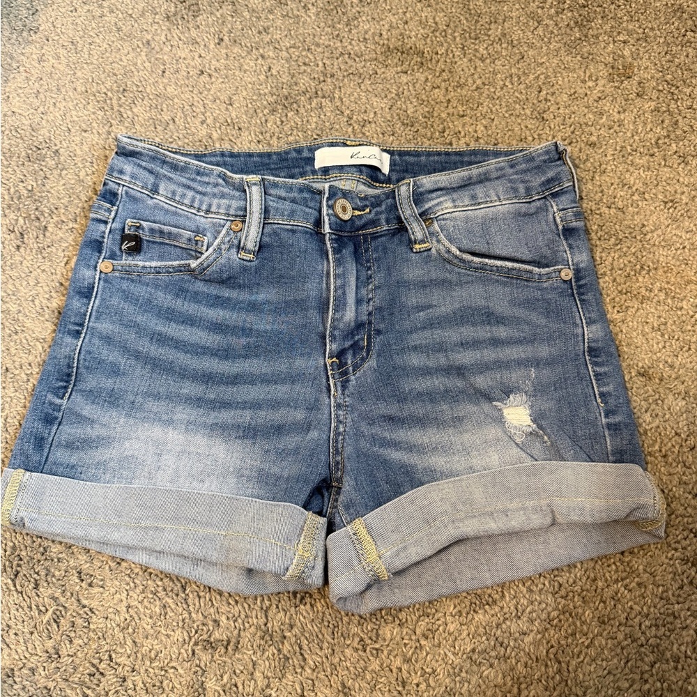 KanCan Medium Blue Rolled Cuff Distressed Denim Shorts